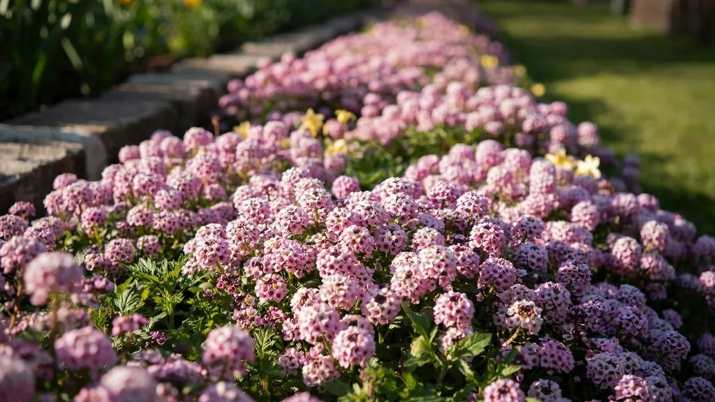 Pink alyssum flowers blooming in a sunny flower bed.