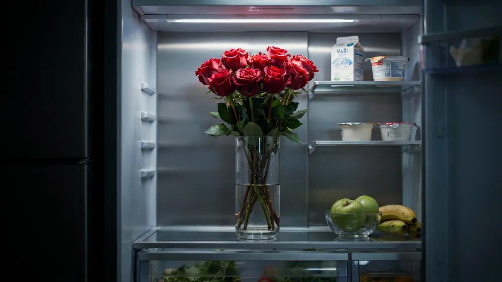 Fresh roses stored safely in a refrigerator overnight away from fruits to preserve their blooms