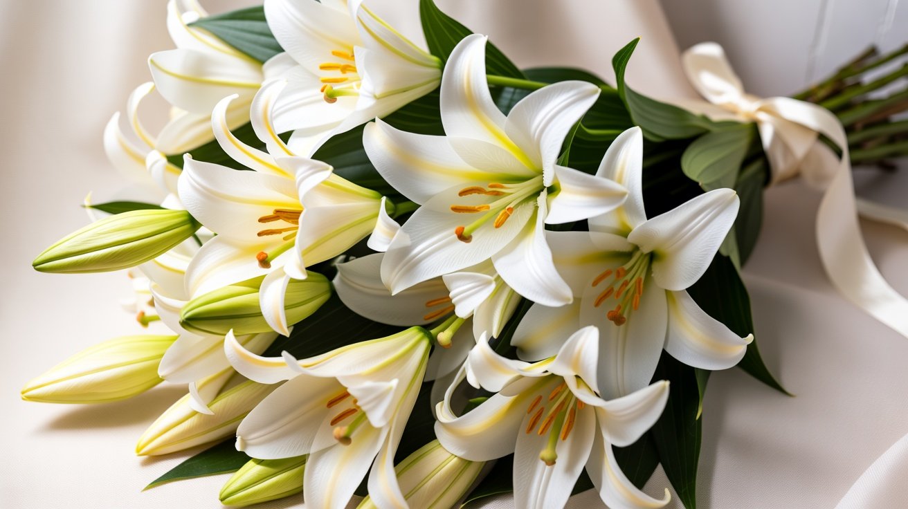 White lilies in a bouquet, fresh and clean image.