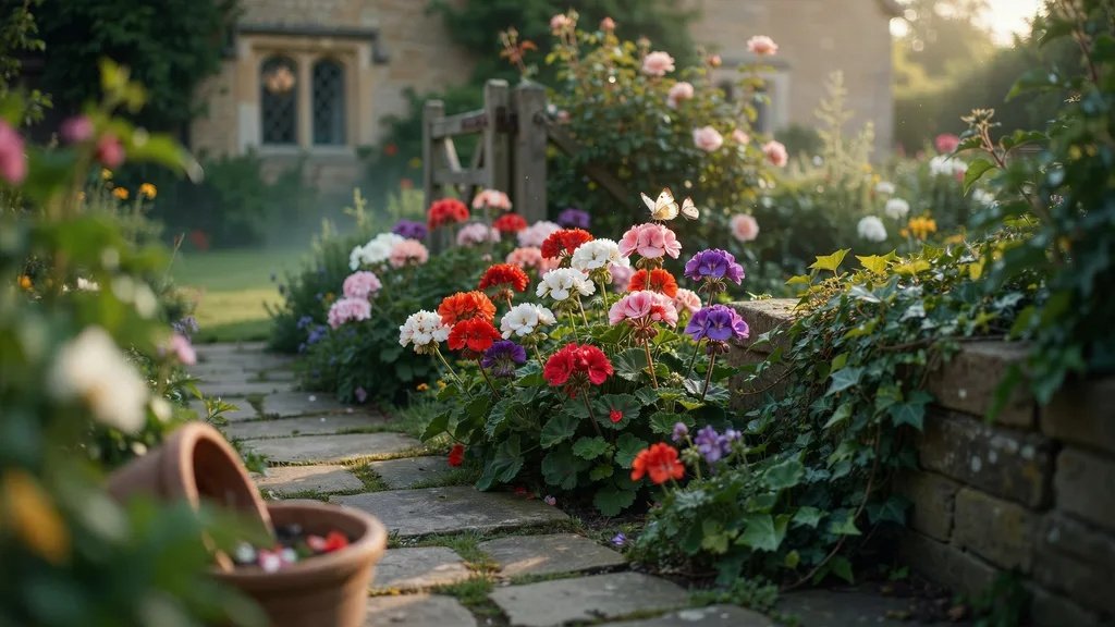 Colorful geranium flowers blooming in a cottage garden with vibrant petals and lush foliage.