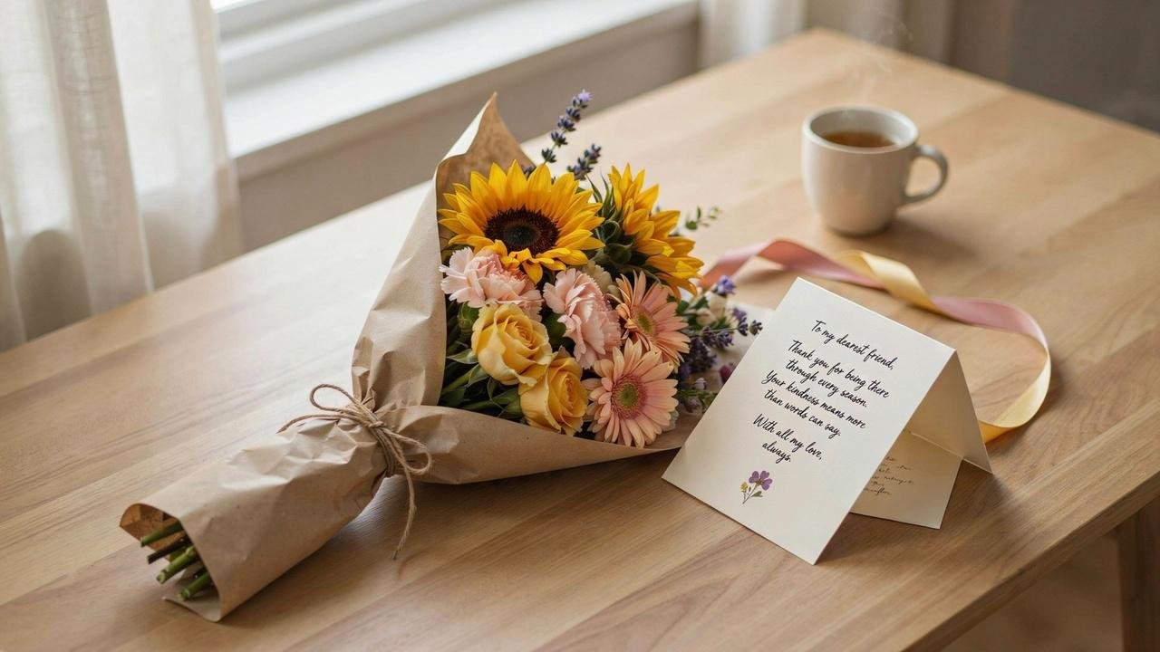 A personalized friendship bouquet with colorful flowers and a handwritten note symbolizing gratitude, support, and meaningful friendship.