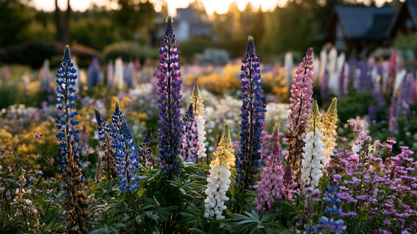 Colorful lupine flowers blooming in a sunny garden.