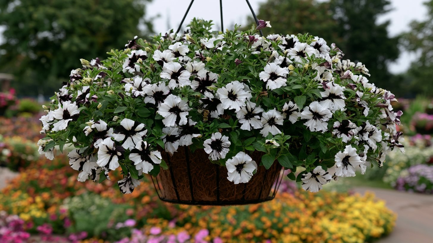 Black and white marbled Crazytunia petunia flowers.