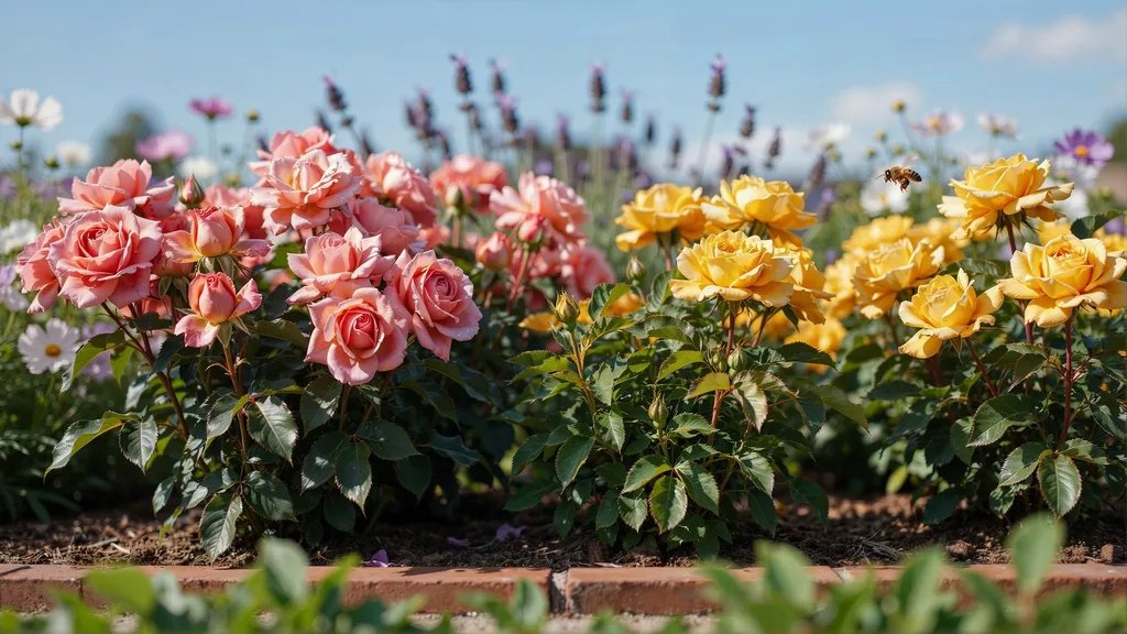 Pink and yellow roses blooming together in a colorful garden.