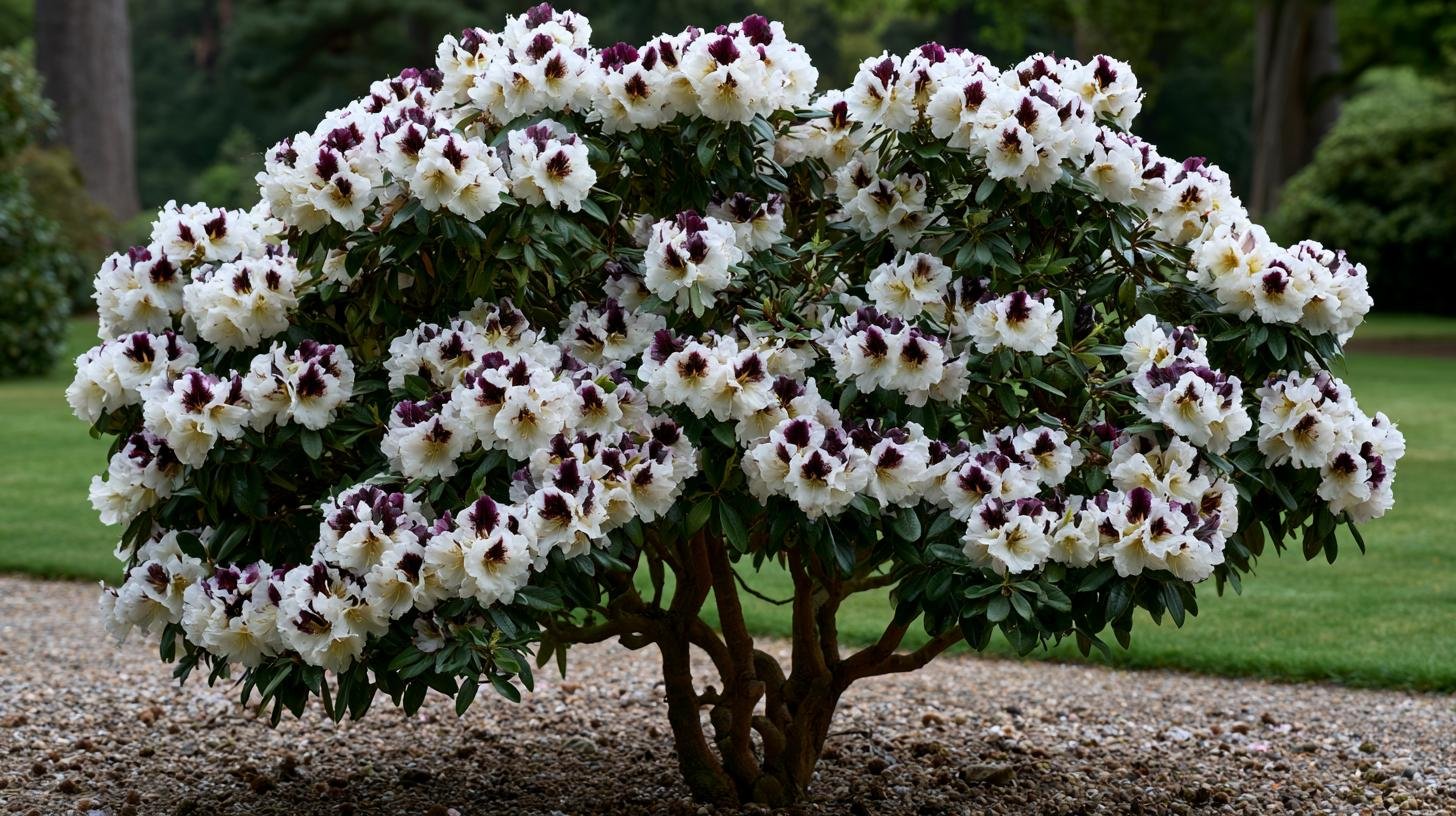 White Sappho Rhododendron flowers with dark markings.