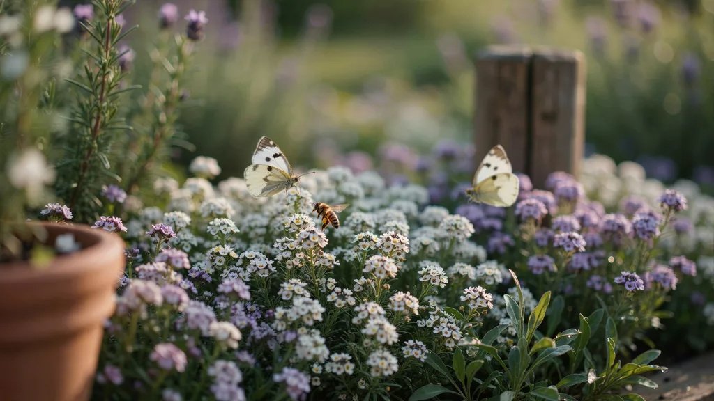 Alyssum flowers blooming peacefully along a colorful garden border.