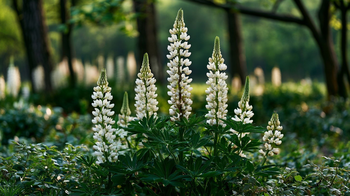 White lupine flowers in a garden.