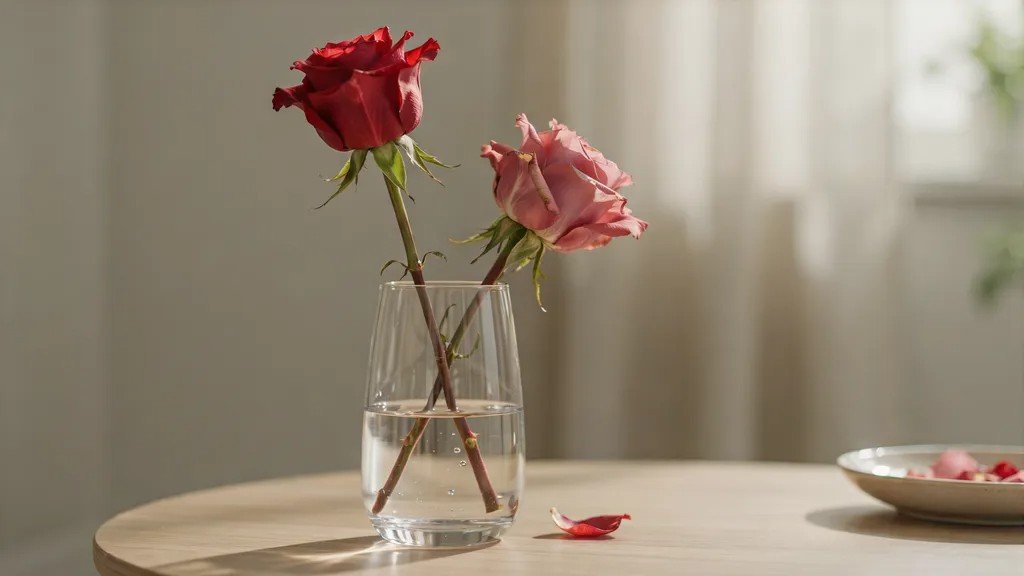 Fresh and slightly wilted roses showing how water affects flower freshness.