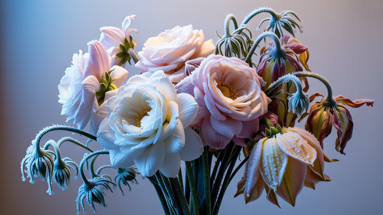 Bouquet of flowers with overnight frost damage showing frozen petals, drooping stems, and permanent cold injury