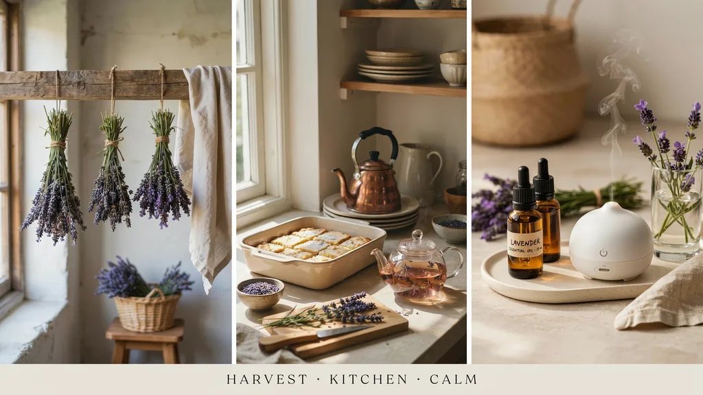 Collage showing lavender harvested for drying, cooking, and important oil use.