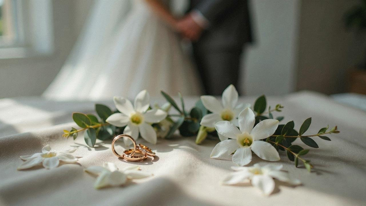 White stephanotis flowers in elegant wedding rings arrangement symbolizing devotion, loyalty, and lifelong commitment.