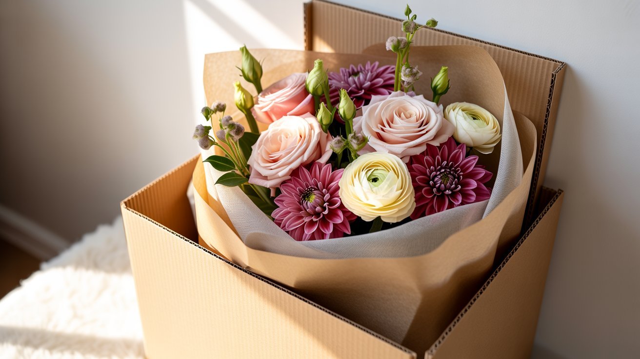 Fresh bouquet wrapped with protective materials showing safe winter transport and insulation against cold temperatures