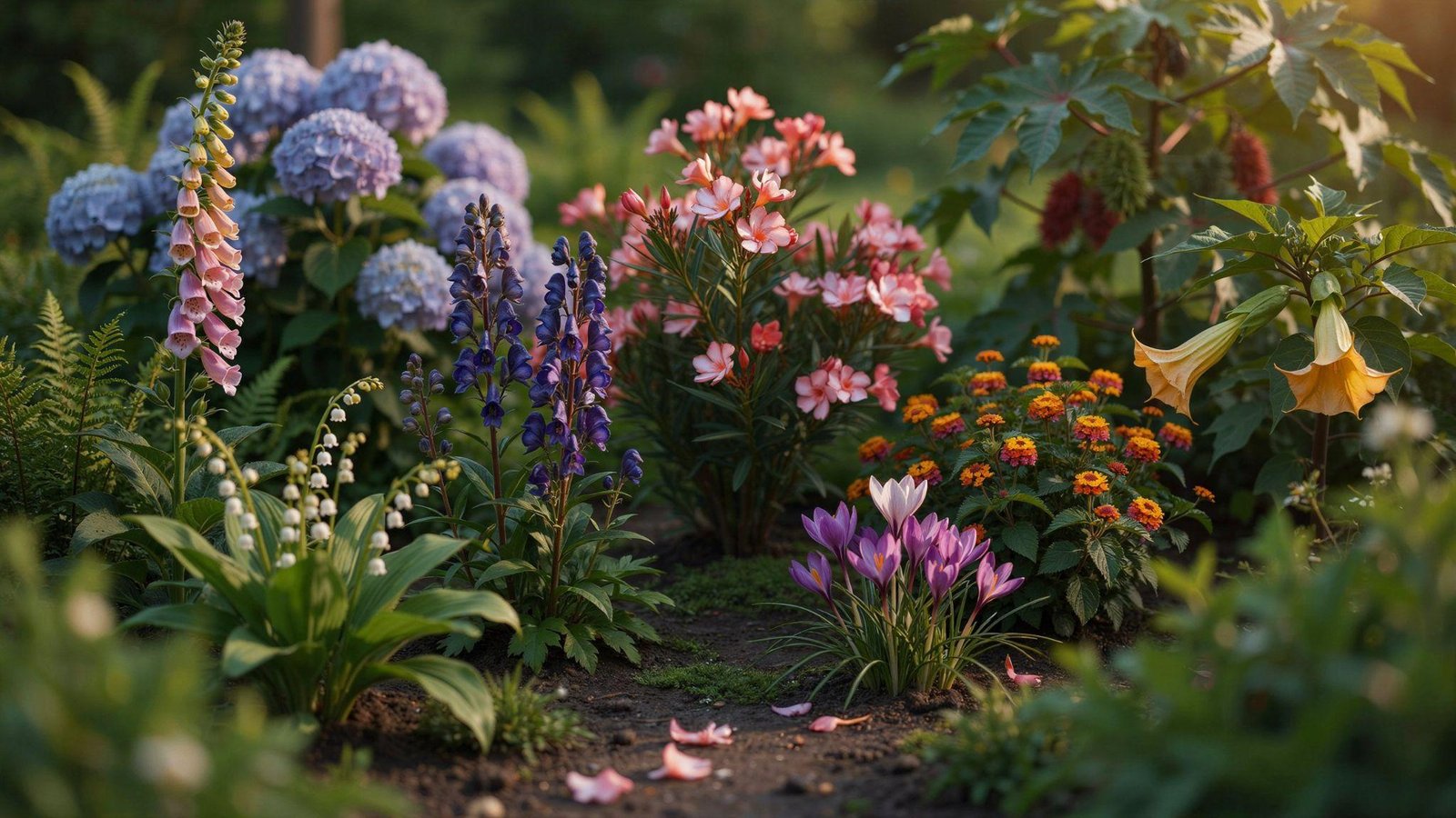 Colorful poisonous flowers blooming together in a lush garden, highlighting their beauty despite toxic nature.