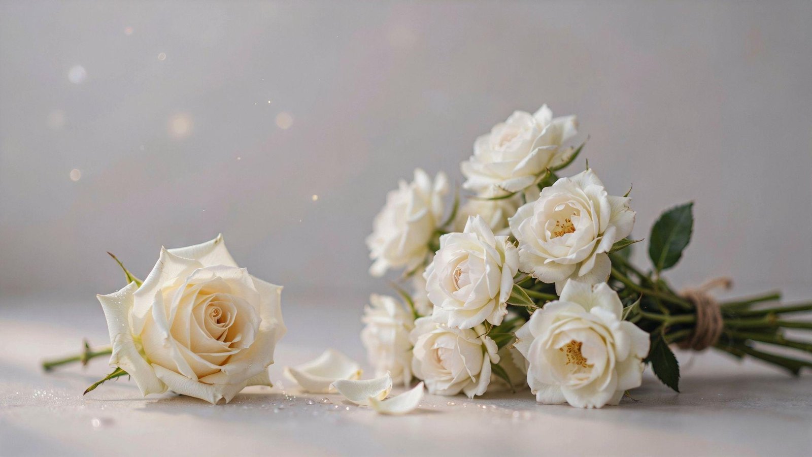 White roses in full bloom symbolizing purity, sincerity, new beginnings, remembrance, and heartfelt respect