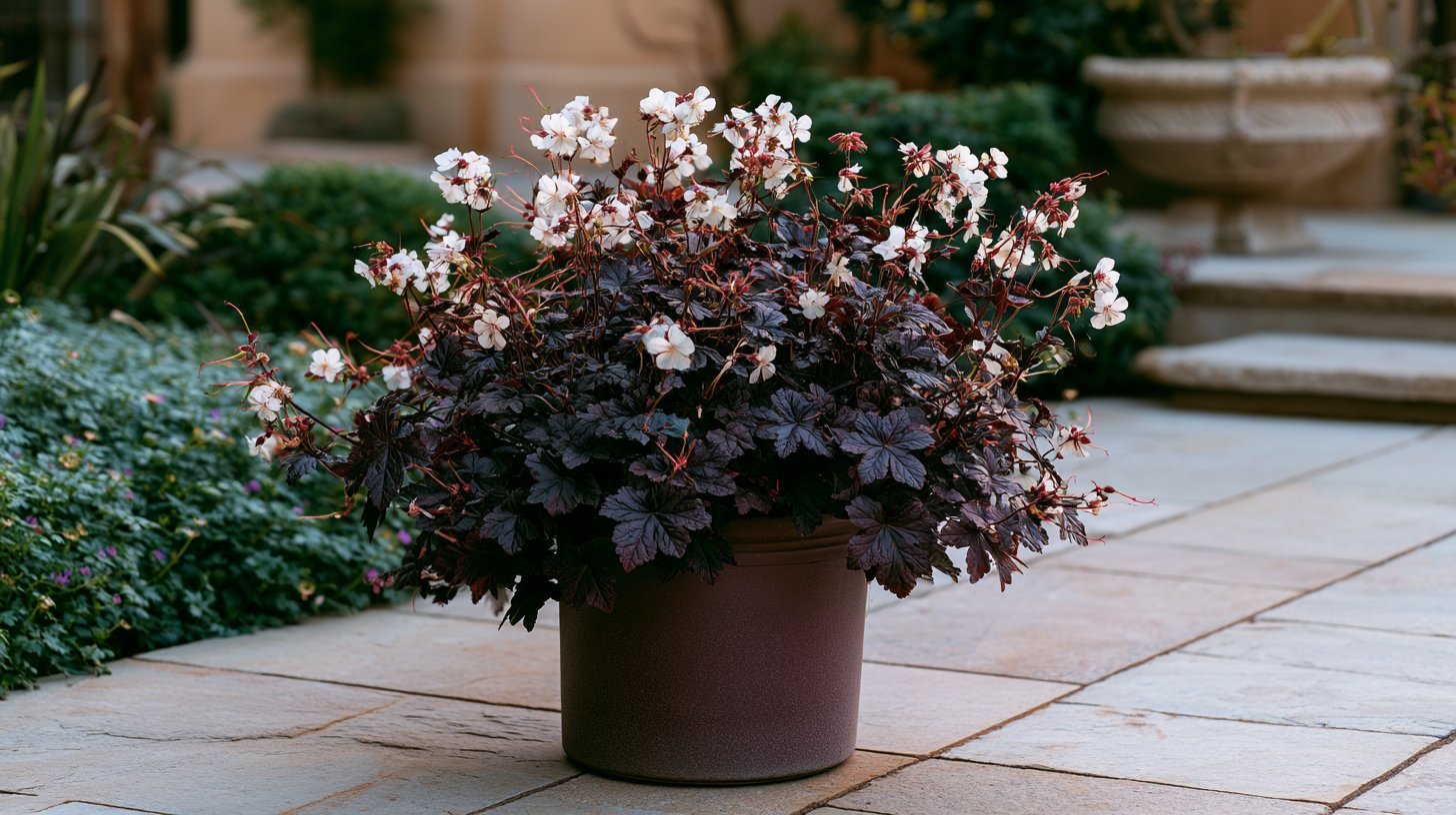 Black Widow Geranium with dark leaves and white flowers.