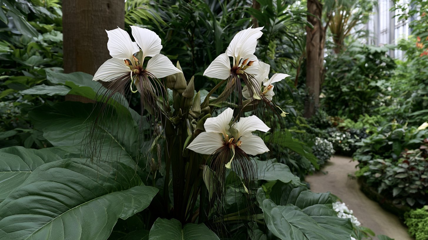 White Batflower with long dark whiskers.