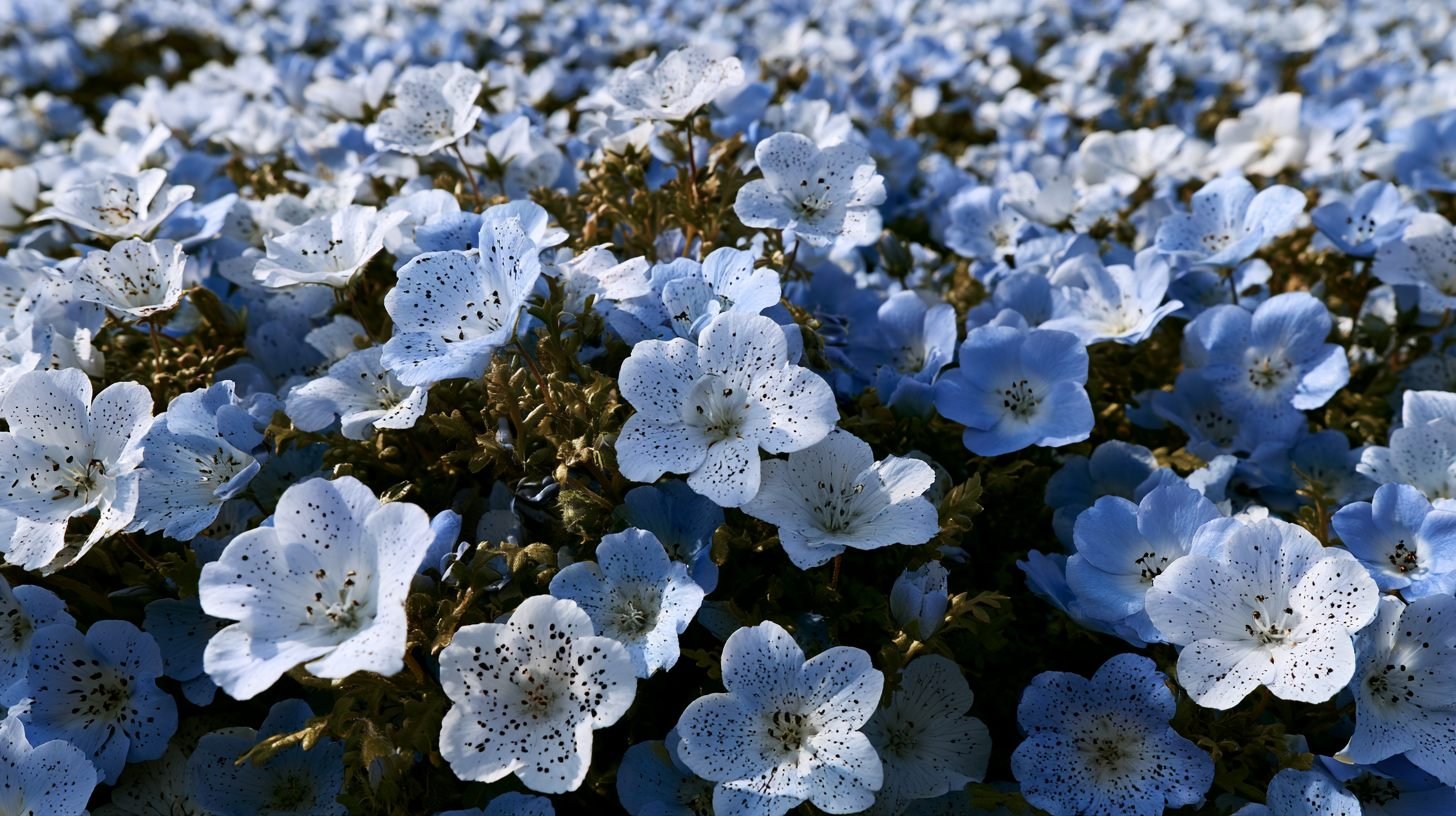 Nemophila Snowstorm flowers with spotted white petals.