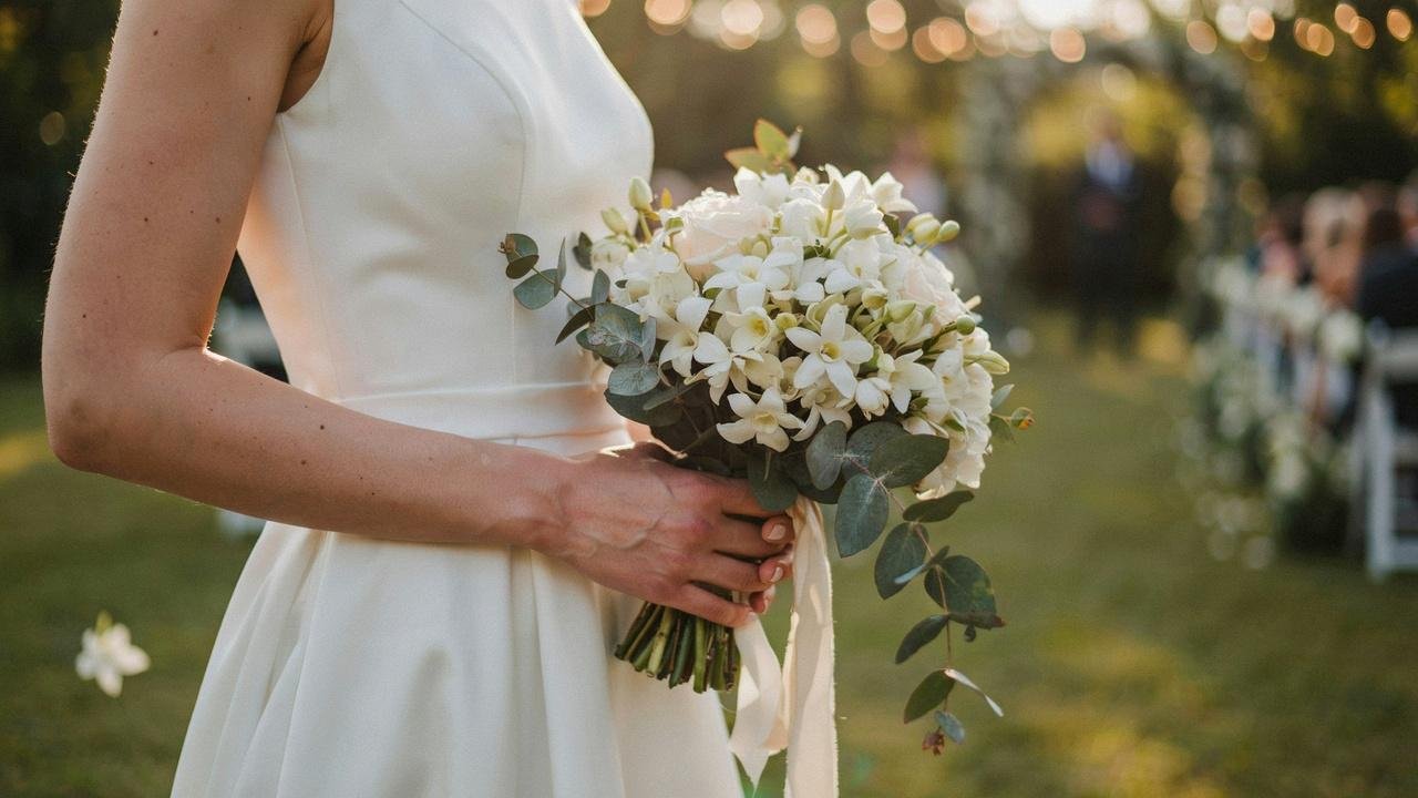 White stephanotis flowers in a bridal bouquet symbolizing love, marriage, and new beginnings.