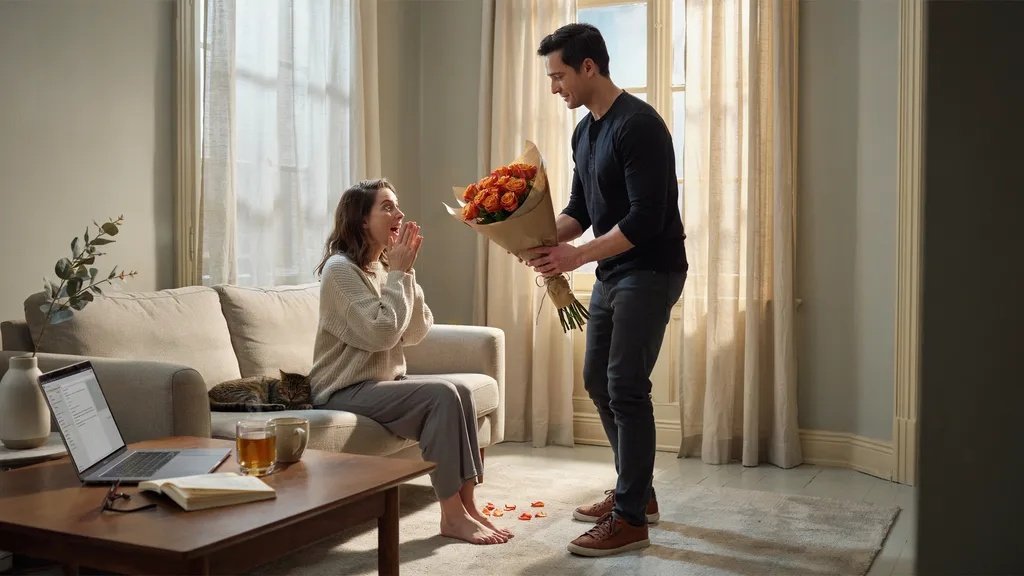 A man surprising his wife with an orange rose bouquet and the wife wearing a surprised and loving expression.