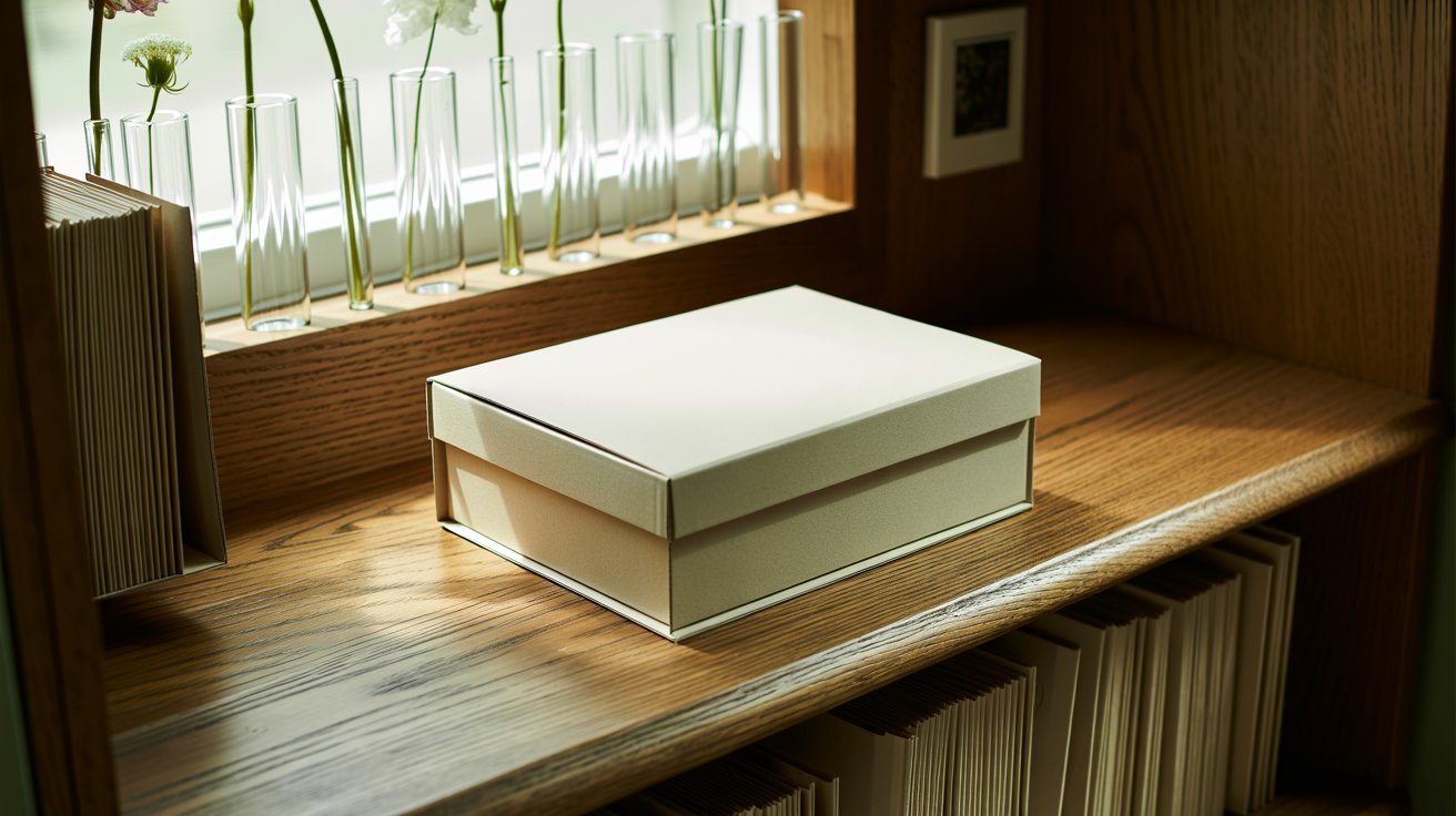 Closed archival storage box protecting pressed flowers from dust, moisture, and light exposure.