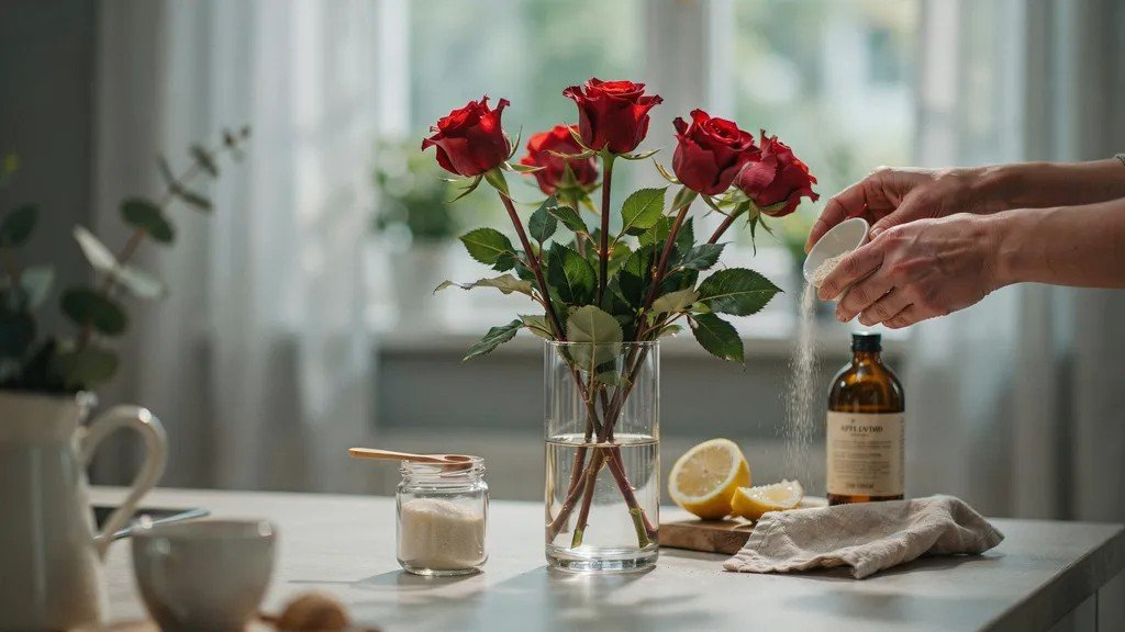 Adding flower food or homemade preservative mix to a vase of fresh roses in water.