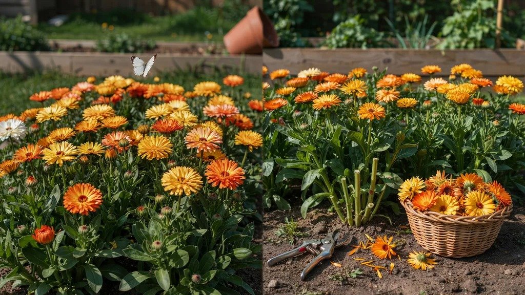 Healthy calendula plants showing the benefits of proper flower harvesting.