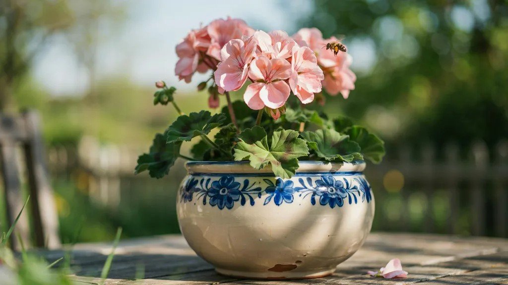 Soft pink geranium flowers growing in a decorative planter.