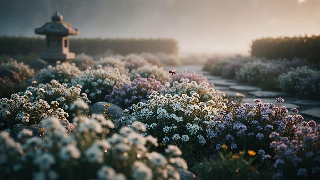 White and lavender alyssum flowers glowing at sunrise.