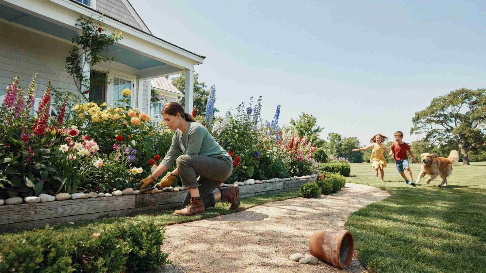 Adult wearing gloves safely tending poisonous flowers while children and pets remain at a safe distance.