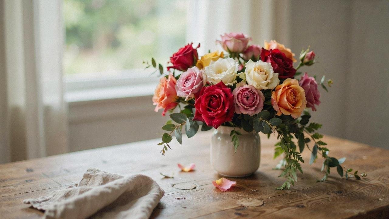 bouquet of colorful roses symbolizing love, beauty, friendship, remembrance, and heartfelt emotions.