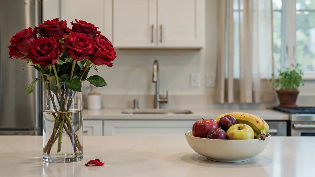 Roses placed away from fruits and vegetables to prevent ethylene gas from causing early wilting.