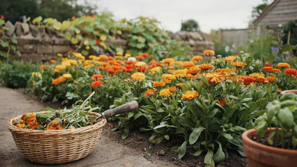 Healthy calendula garden with vibrant blooms and fresh harvest.