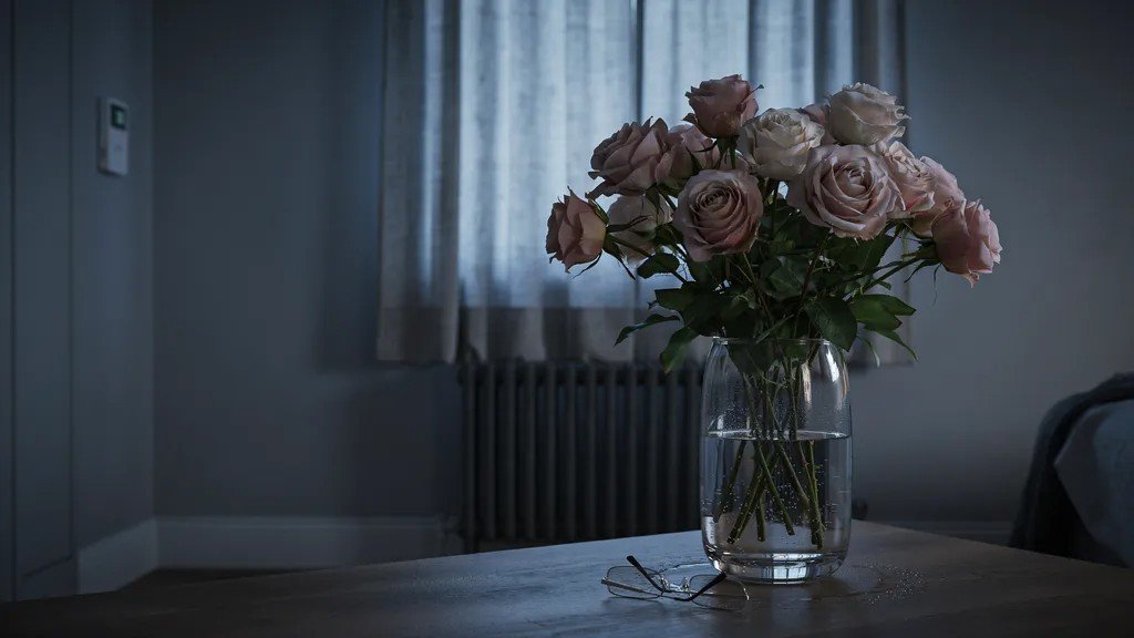 Fresh cut roses stored in a cool shaded indoor space with water to keep them fresh overnight.