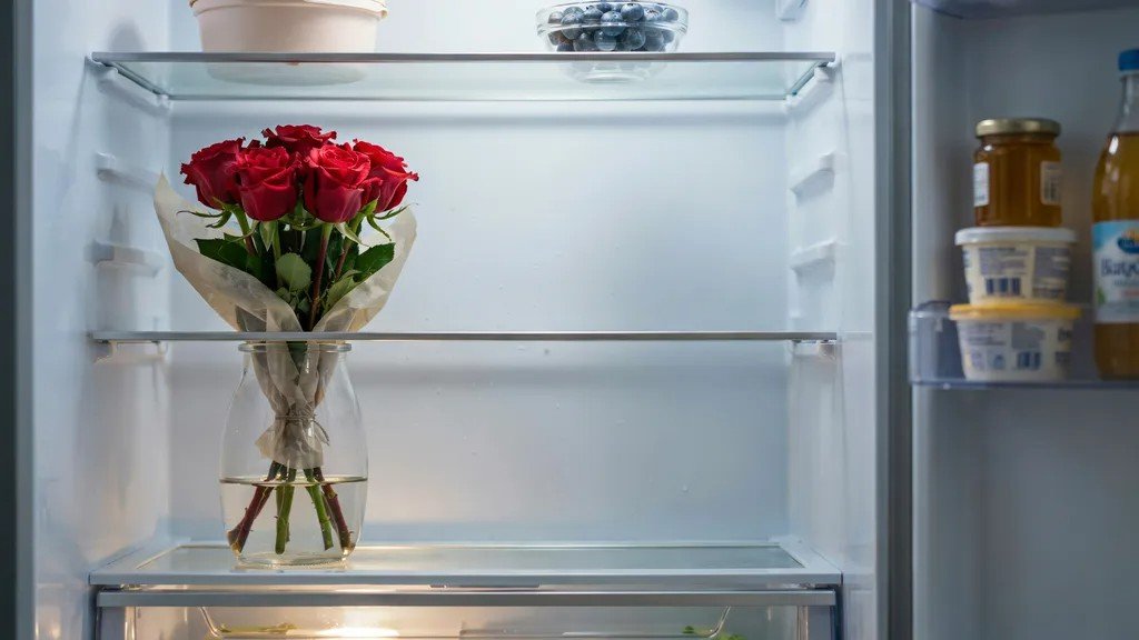 Roses stored in a refrigerator overnight away from fruits to keep them fresh for an event.
