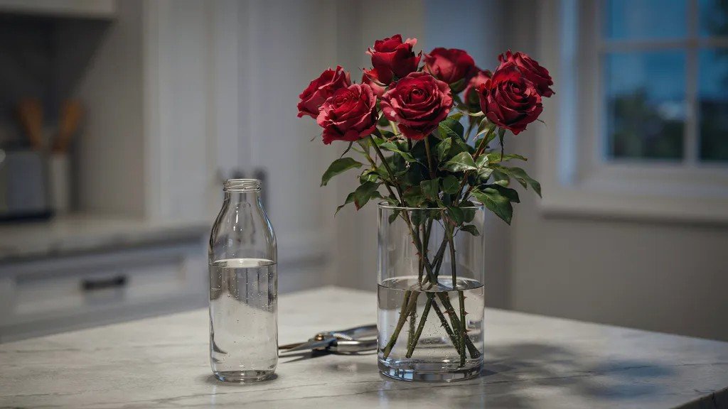 Fresh red roses placed in water overnight to keep them hydrated and fresh.