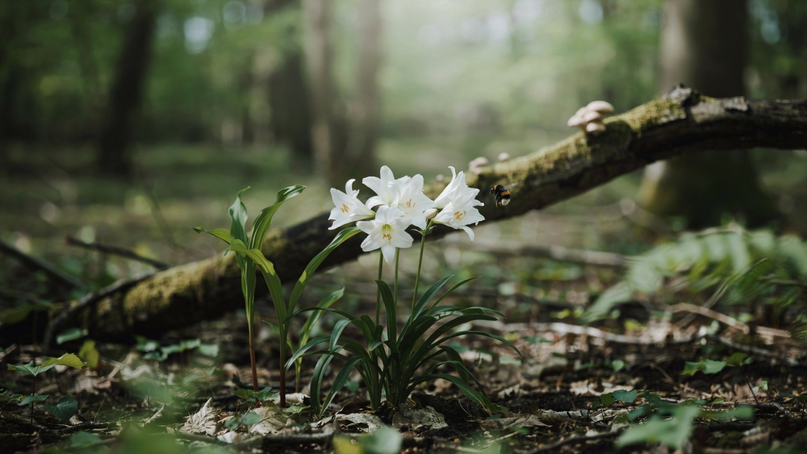 An image of white lilies growing in a forest setting.