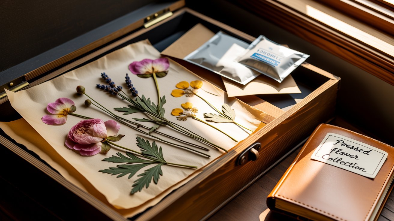 Pressed flowers stored safely inside a cool, dry drawer away from sunlight and moisture for preservation.