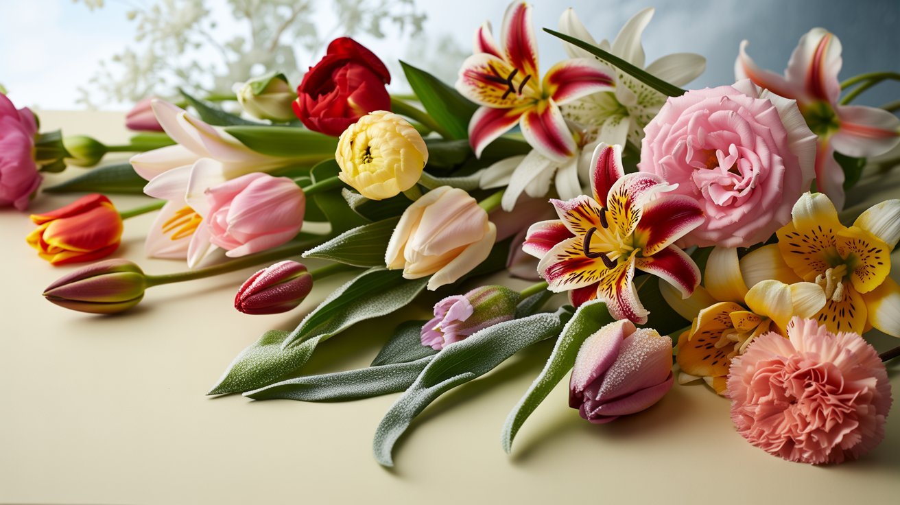 Mixed cut flowers comparing frost-sensitive blooms with slightly hardier varieties showing visible cold damage