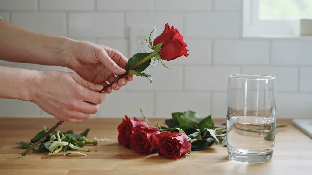 Removing rose leaves below the waterline before placing flowers in a vase to keep the water clean.