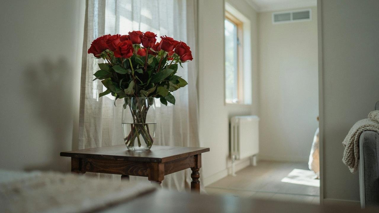Bouquet of fresh roses stored in a cool, shaded room away from direct sunlight, heaters, and air vents.