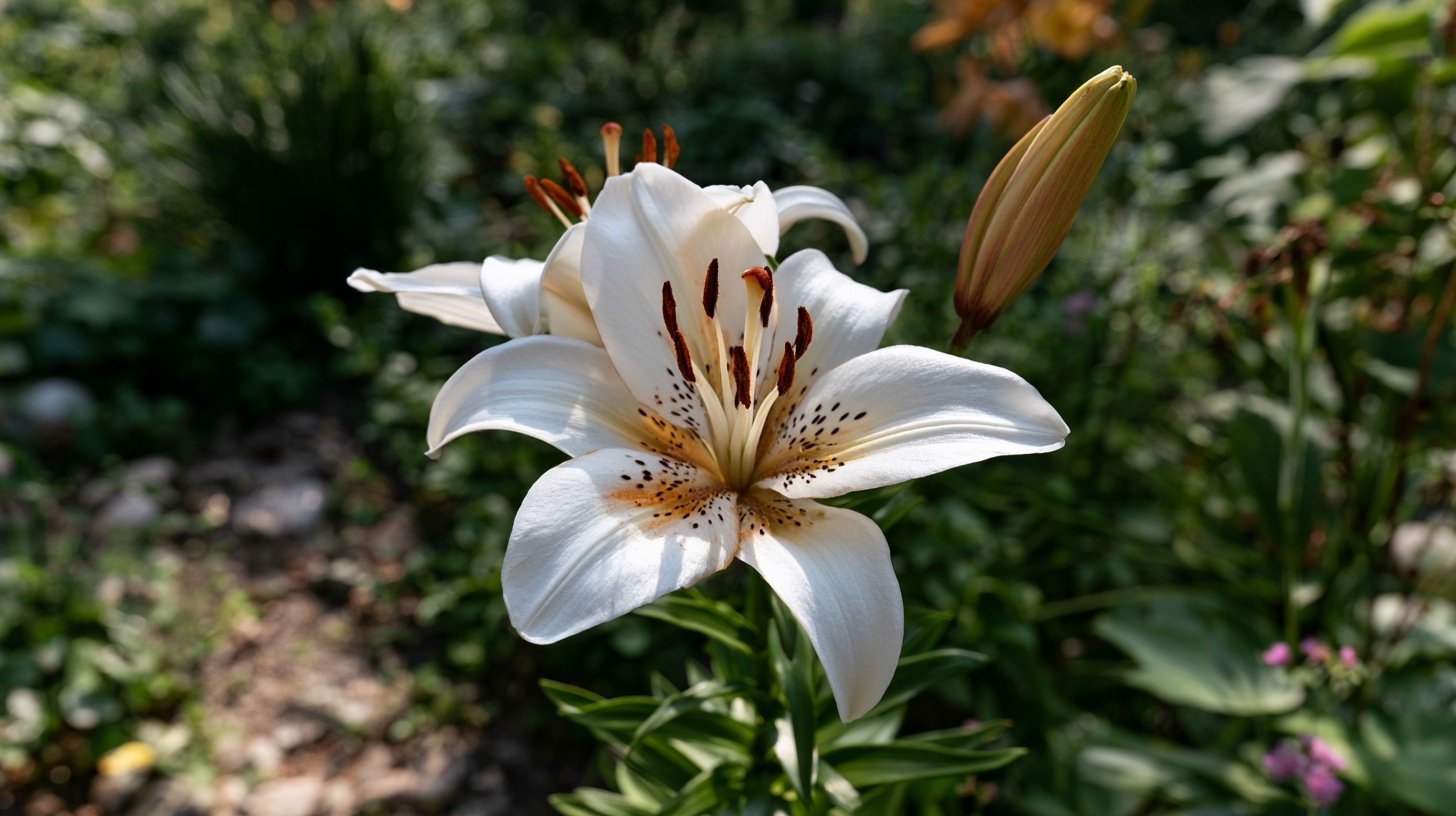 White Hot Spot Lily with dark center markings.