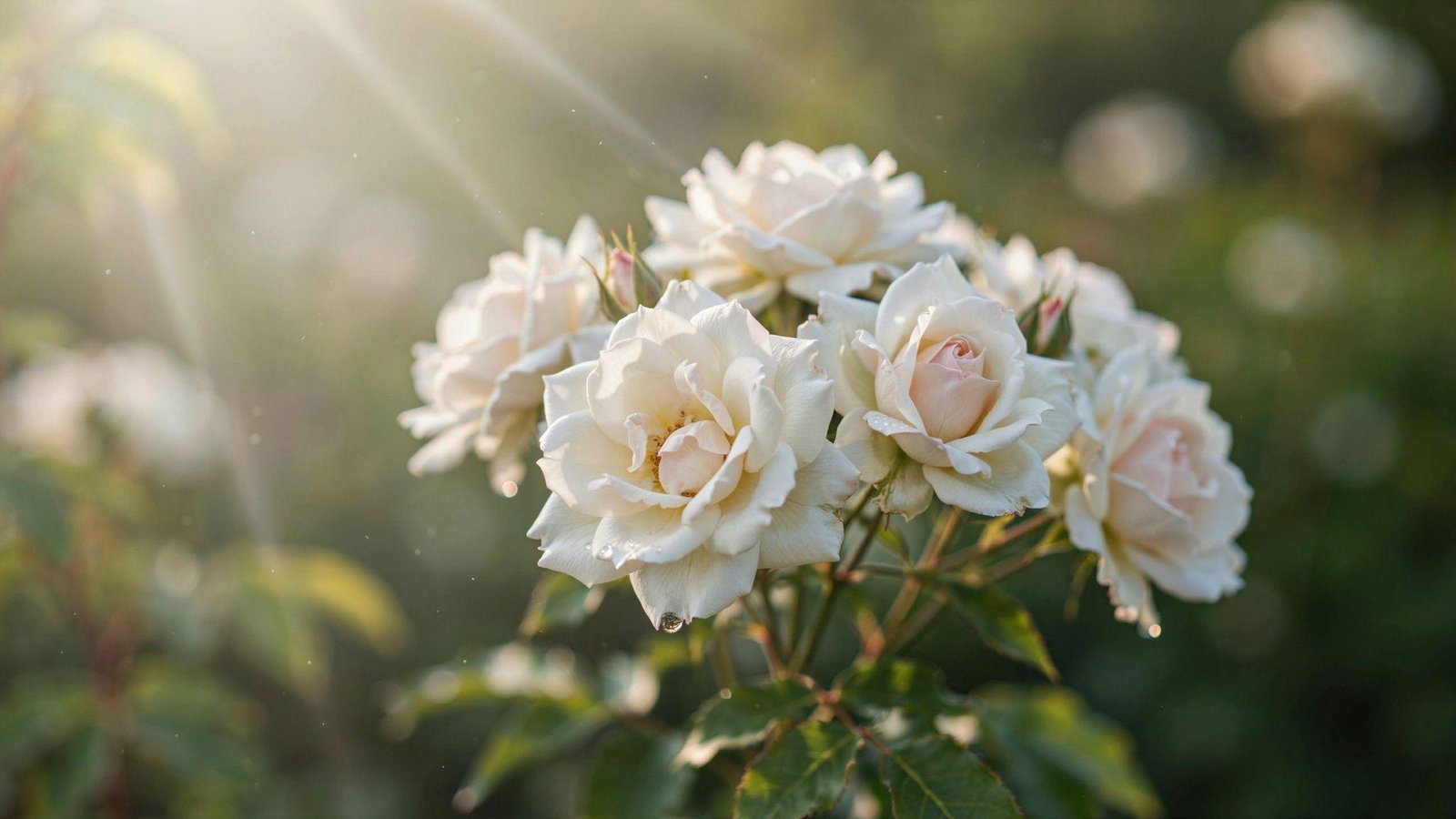 White roses glowing in soft light symbolizing divine love, purity, inner peace, and spiritual enlightenment