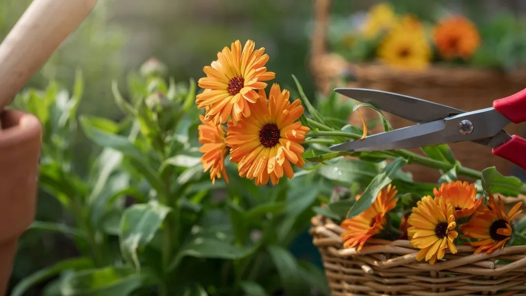 Fully opened calendula flowers ready for harvesting with garden scissors.
